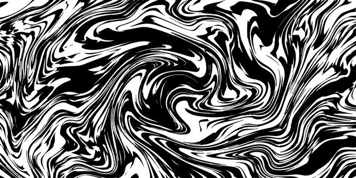 An abstract, high-contrast black and white pattern creates a mesmerizing visual flow with swirling, organic shapes resembling ink marbling or marble textures.