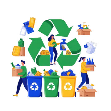 Recycling concept with people sorting waste into colored bins on transparent background