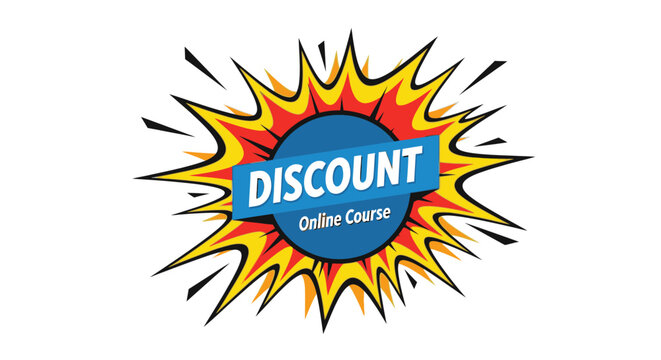 Explosion comic book style banner with the word DISCOUNT and Online Course text on a blue circle