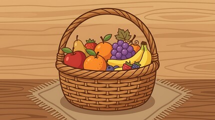 Fototapeta premium Cartoon Wicker Basket with Assorted Fresh Fruits on Wood Table