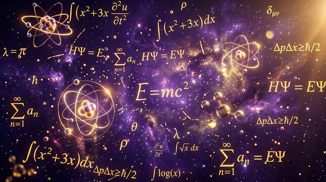 Mathematical formulas in space with atoms and equations