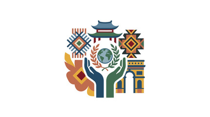 Naklejka premium Global Harmony: Hands Holding Earth Surrounded by Diverse Cultural Symbols