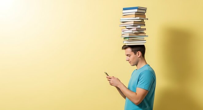 Academic student balancing stack of books on head while using smartphone, young man with heavy book pile on yellow background, education and technology concept