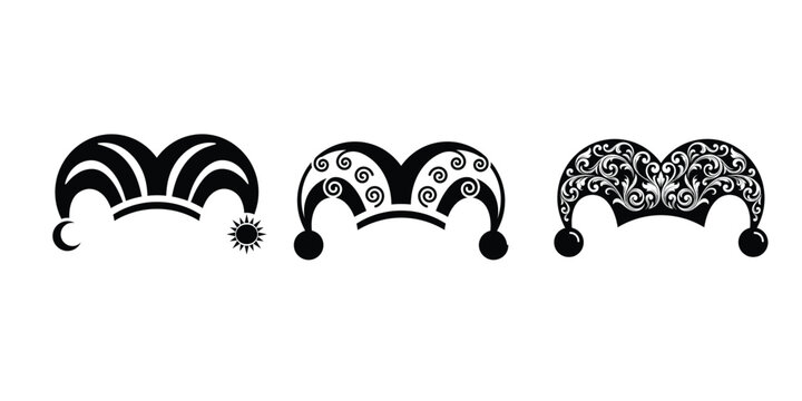 Black Vector Set of Ornate Medieval Jester Hat Silhouettes