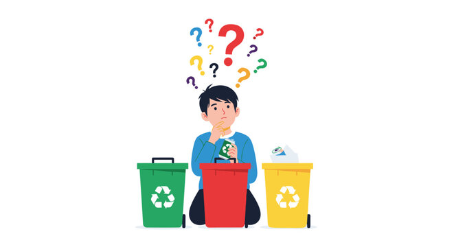Confused boy sits before three recycling bins while trying to decide where to place a metal can, teaching environmental awareness and waste management.