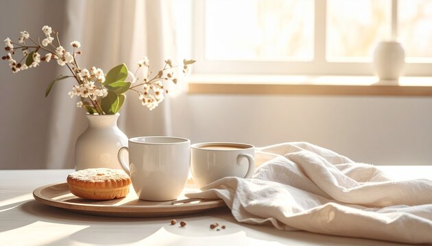 Two white coffee cups and a pastry on a wooden tray with a vase of flowers by a sunlit window, creating a cozy morning scene.