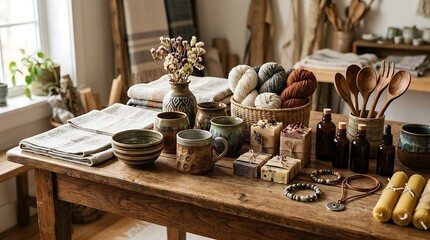 Fototapeta premium Artisan Handmade Goods Displayed on a Rustic Wooden Table