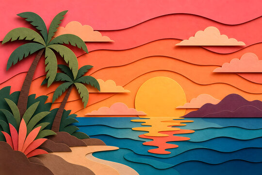 Tropical sunset seascape in layered paper cut style
