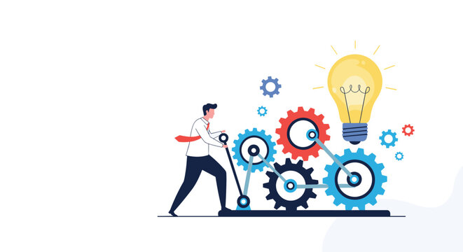 Determined businessman pulling a large lever to turn gears and ignite a bright light bulb as a symbol of a new idea.