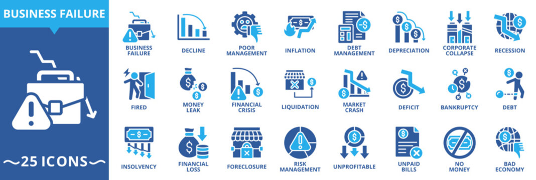 Business failure icon collection set. Containing decline, poor management, inflation, debt, depreciation, recession, fired, bankruptcy icon. Simple glyph warna vector