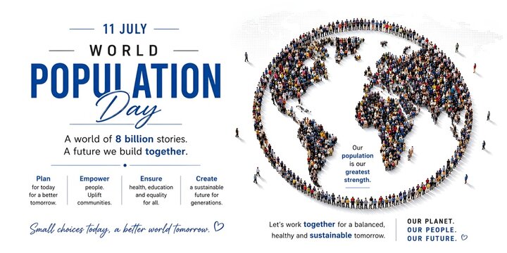 World population day concept illustration with human silhouette map of earth population community