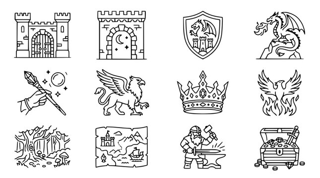 Fantasy Icon Set: Castle, Dragon, Griffin, Crown, Magic Wand, Map, Blacksmith, Treasure Chest