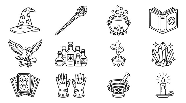 Mystical Magic Symbols Collection: Wizard Hat, Wand, Cauldron, Spellbook, Owl, Potions, Crystals