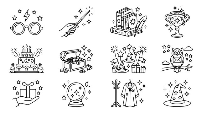 Magic School Icons: Glasses, Wand, Books, Trophy, Cake, Treasure, Owl, Gifts, Crystal Ball