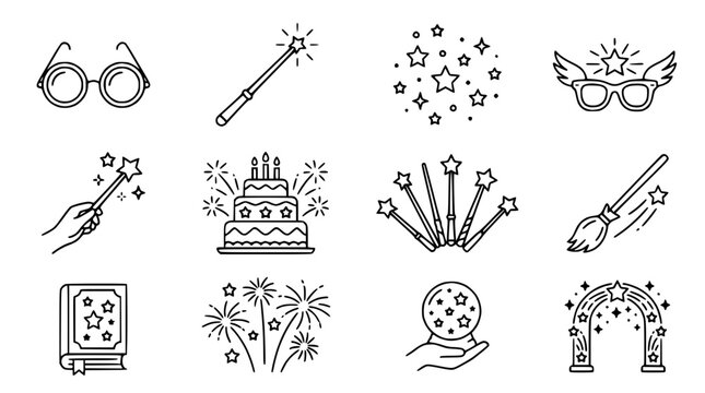 Magic & Fantasy Icons: Wand, Stars, Broom, Book, Cake, Glasses, Crystal Ball