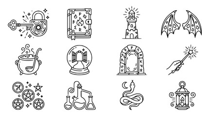 Obraz premium Mystical Symbols & Magic Icons: Set of Fantasy and Esoteric Line Art
