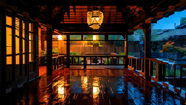 An empty traditional wooden veranda overlooking a rainy courtyard garden at night