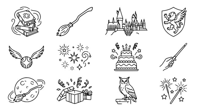 Magical Fantasy Icons: Castle, Broomstick, Wand, Owl, Cake, Books, Shield, Snitch, Gift