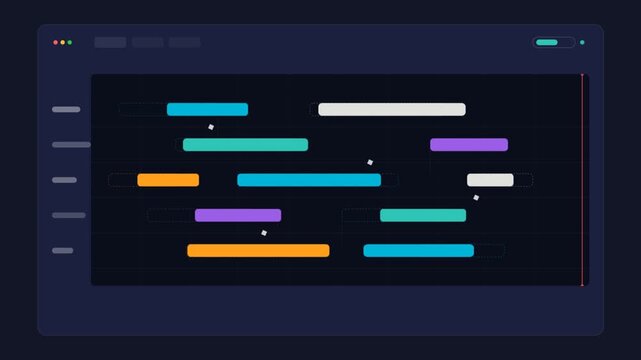 Animated project management timeline with colorful bars in dark mode