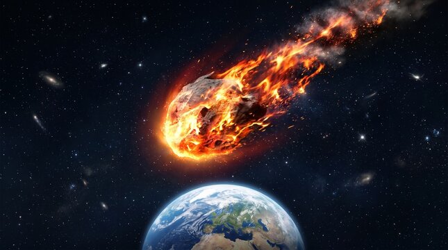 This stock image depicts a catastrophic asteroid impact concept showing a massive fireball and shockwave over a city
