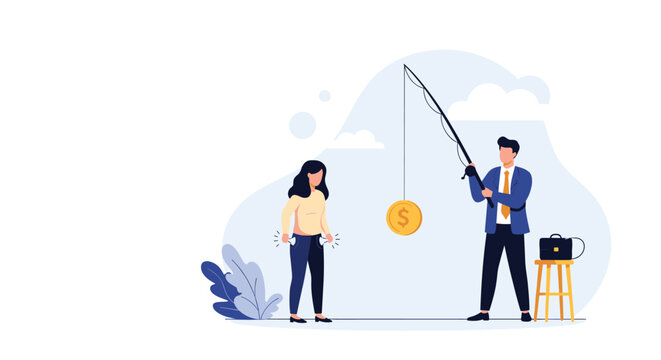 Greedy businessman using a fishing rod to take a gold coin from a poor woman with empty pockets as a symbol of inequality.