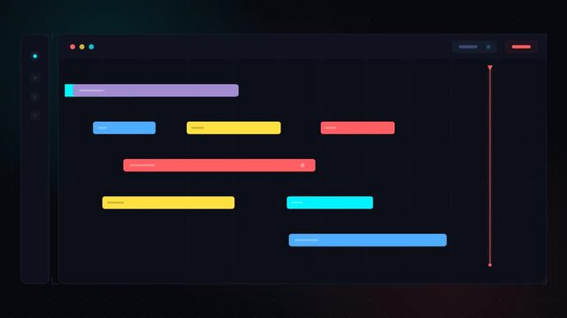 Project management timeline interface with moving playhead on dark ui
