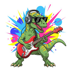 Cool T Rex Dinosaur Playing Electric Guitar with Headphones and Sunglasses Vector Illustration © bima