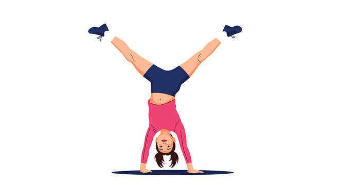 Talented young girl performing a handstand with her legs stretched wide during a gymnastics or dance exercise.