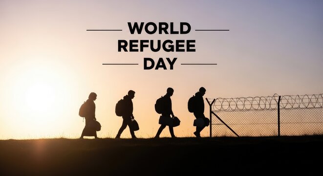 World Refugee Day minimalist landscape poster with silhouettes of refugees walking along a barbed wire fence border