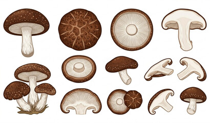 Shiitake Mushroom Vector Set with Whole Sliced and Botanical Food Illustrations © Tohosina