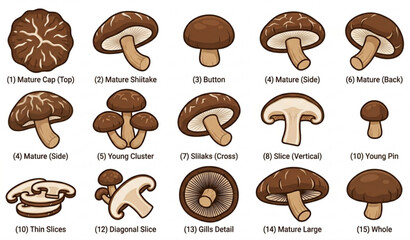 Fresh Shiitake Mushroom Collection with Culinary and Organic Food Vector Art © Tohosina