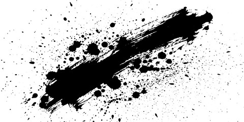 A dynamic black ink splash, rendered with energetic brushstrokes and scattered droplets, creates a striking abstract design against a clean white background. © GREENPIXEL Art