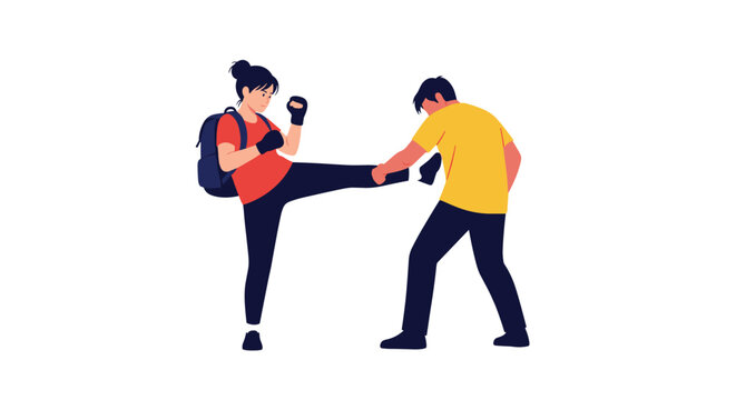 Brave woman practicing martial arts and self defense techniques to protect herself from aggressive male attacker in street.