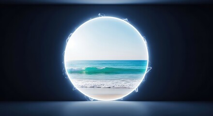 Fototapeta premium A glowing circular portal stands in a minimalist dark room, revealing a sunlit vista of calm turquoise waves under a clear peaceful sky, gateway, circle, door