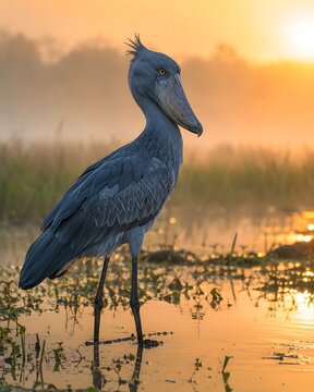 Shoebill stork standing in a misty swamp at sunrise, majestic prehistoric bird in golden morning light, Balaeniceps rex in African wetland