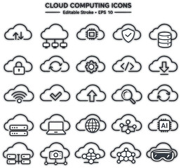 Obraz premium Cloud computing icons, editable stroke EPS 10, cloud technology symbols, data storage illustrations
