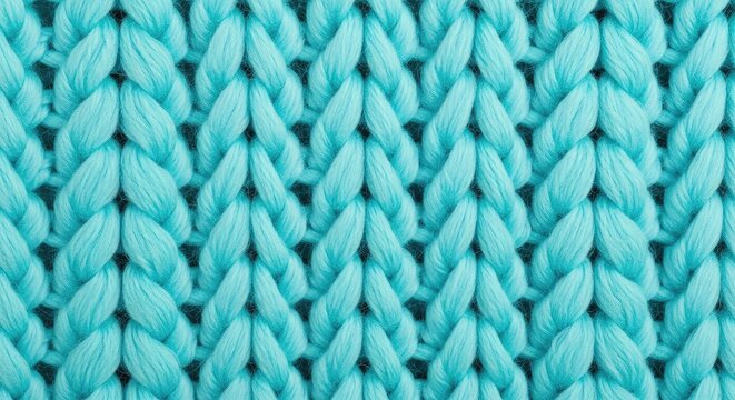 A macro view of a soft turquoise knitted textile showing intricate yarn loops, weave patterns, and a cozy handmade wool texture detail, stitch, needlework, winter