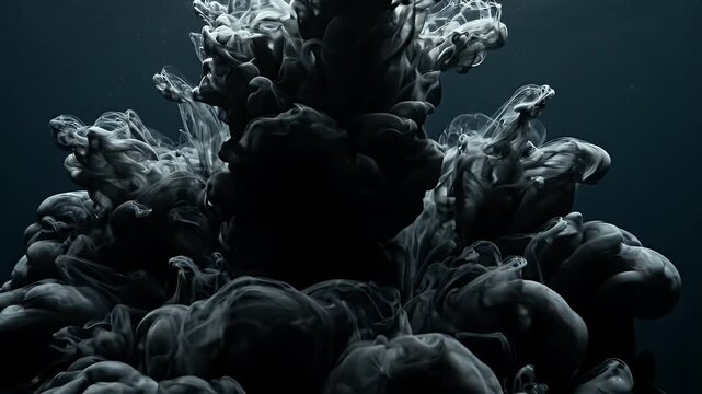 Abstract Black Ink Clouds Underwater Motion Background - Black ink slowly dissipates and swirls in dark water, creating abstract, luxurious, and organic shapes.