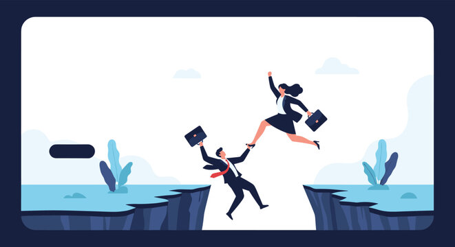 Brave businesswoman jumping across abyss while helping her male colleague to overcome professional challenges and risks.