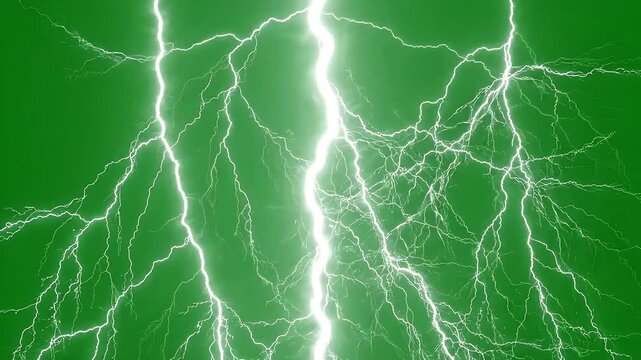Bright White Lightning Bolts on Green Screen Background - Multiple bright white lightning bolts crackle and flash across a vibrant green screen background.