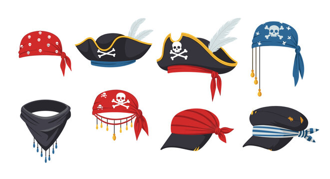 Collection of pirate headwear including captain hats with feathers, skull and crossbones bandanas, and sailors caps on white.