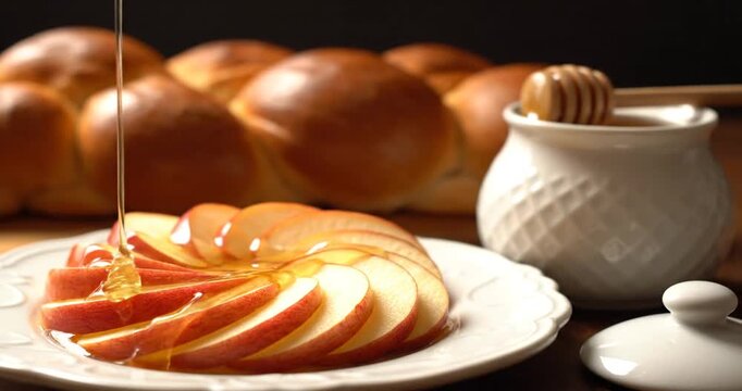 Sliced apples drizzled with honey on a white plate, with freshly baked bread in the background