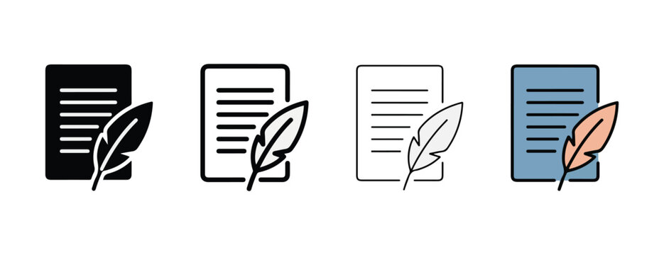 Document with feather quill pen icon set in different colors  black white gray blue