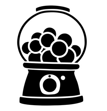 Vector silhouette of classic gumball machine with round top filled with gumballs and coin slot base. Minimalist design symbolizing nostalgia, childhood, and playful vending