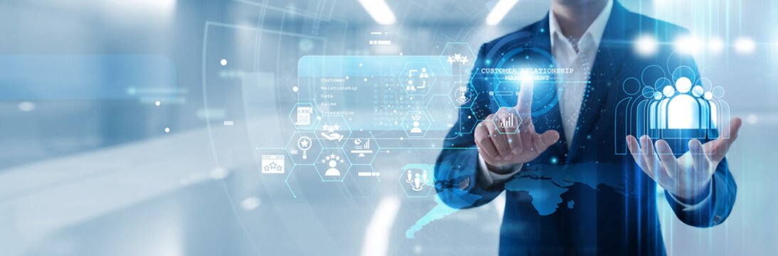 CRM specialist hand touching customer relationship management dashboard to track lead interactions, analyze client data and improve sales performance for a thriving business model currently.