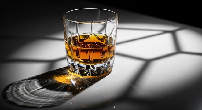 A sleek crystal tumbler filled with golden whiskey sits on a dark reflective surface with artistic lighting and sharp geometric shadows, alcohol, luxury, contrast