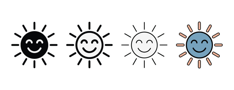 cartoon sun icons with smiling faces in different colors and line styles  black gray white and blue with orange rays on white background
