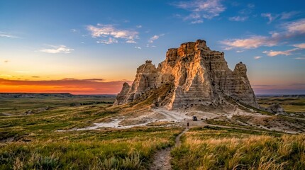 Naklejka premium Golden hour over ancient ruins in desert landscape.