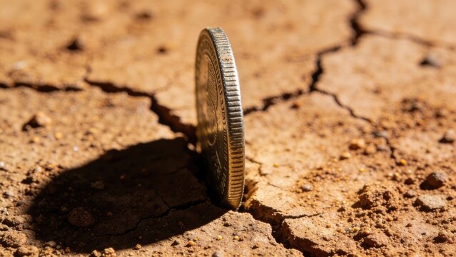 Coin Standing on Cracked Dry Earth, Economic Crisis Concept