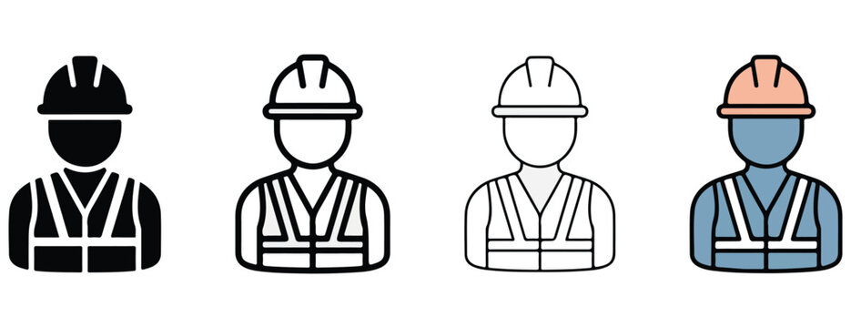 construction workers icons in different colors wearing hard hats and vests  isolated on white background